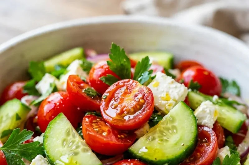 Pinterest pin image for Mediterranean cucumber tomato salad