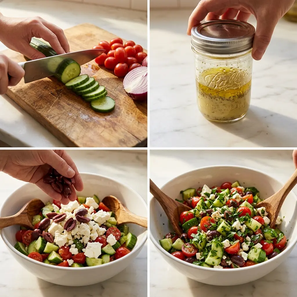4-step cooking process collage for Mediterranean cucumber tomato salad showing slicing, dressing, adding feta and olives, and tossing
