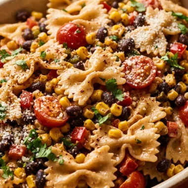 Close-up of Mexican Pasta Salad freshly made and ready to serve