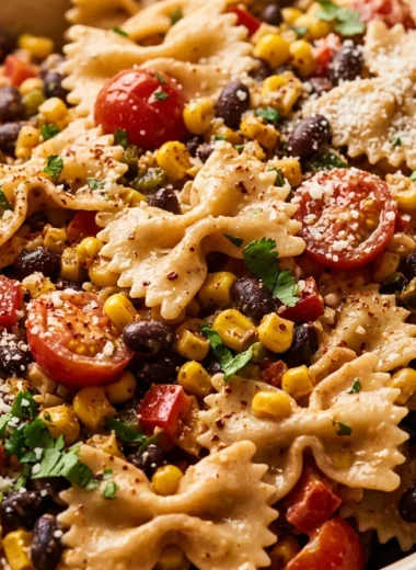 Close-up of Mexican Pasta Salad freshly made and ready to serve