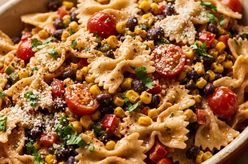 Close-up of Mexican Pasta Salad freshly made and ready to serve