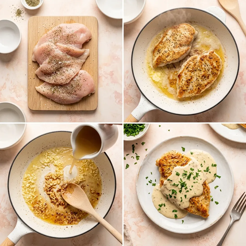 4-step cooking process collage for million dollar chicken creamy garlic parmesan showing prep, searing, deglazing, and plating