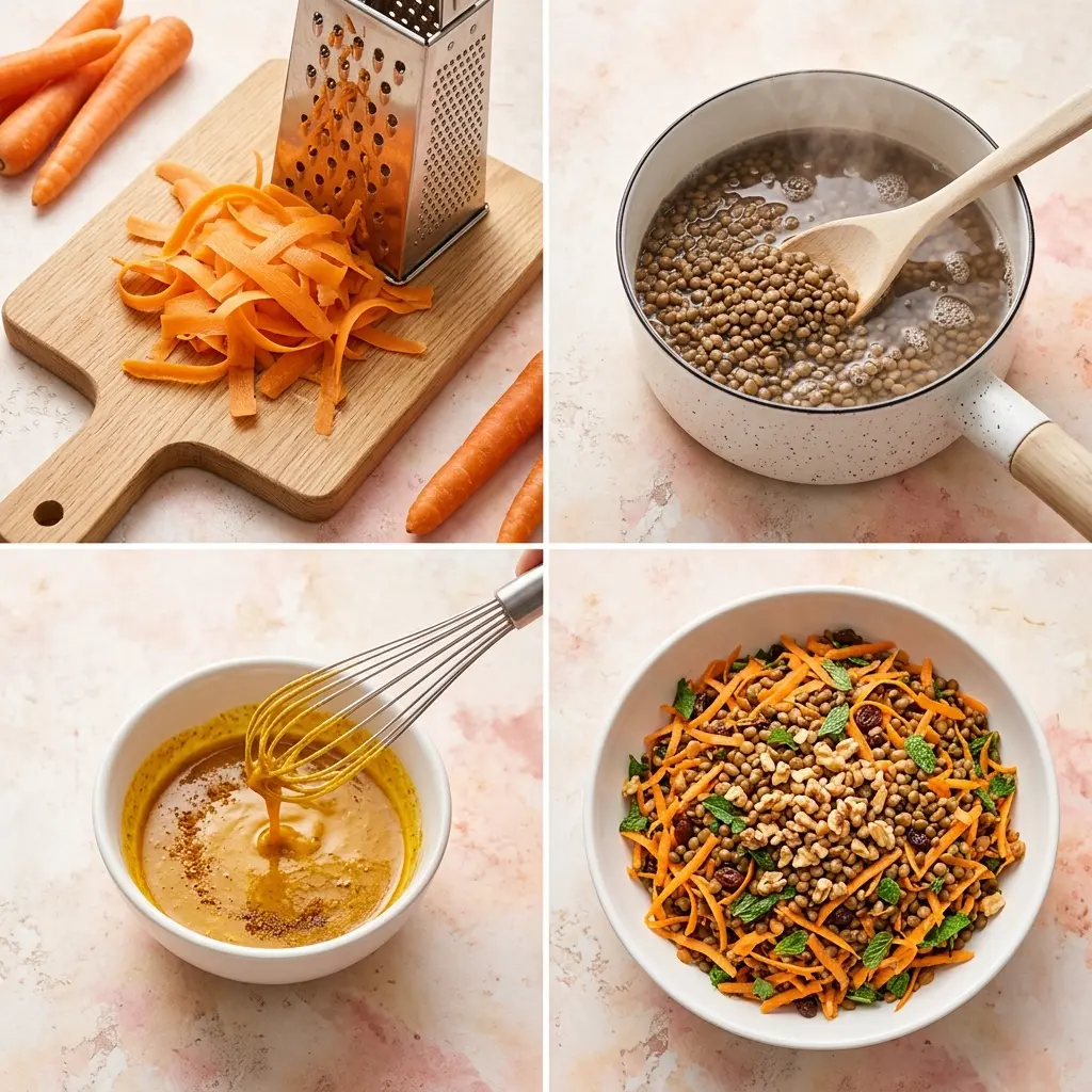 4-step cooking process collage for Moroccan Lentil Carrot Salad (Vegan) showing grating, cooking lentils, whisking dressing, and final tossed salad