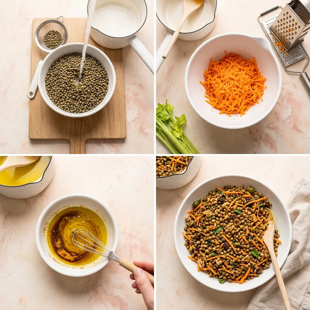 4-step cooking process collage for Moroccan lentil carrot salad showing rinsing lentils, prepping carrots, whisking dressing, and the plated dish