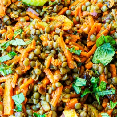 Close-up of Moroccan Lentil Carrot Salad (Vegan) freshly made and ready to serve