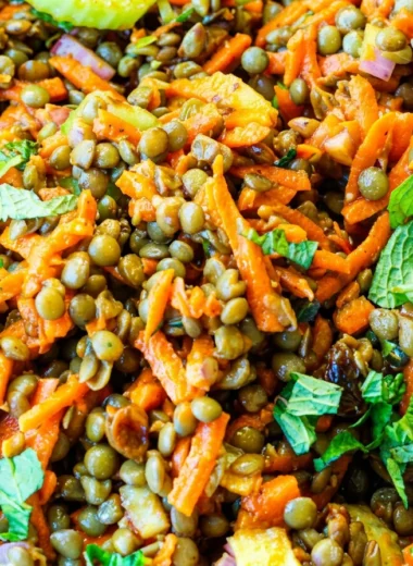 Close-up of Moroccan Lentil Carrot Salad (Vegan) freshly made and ready to serve