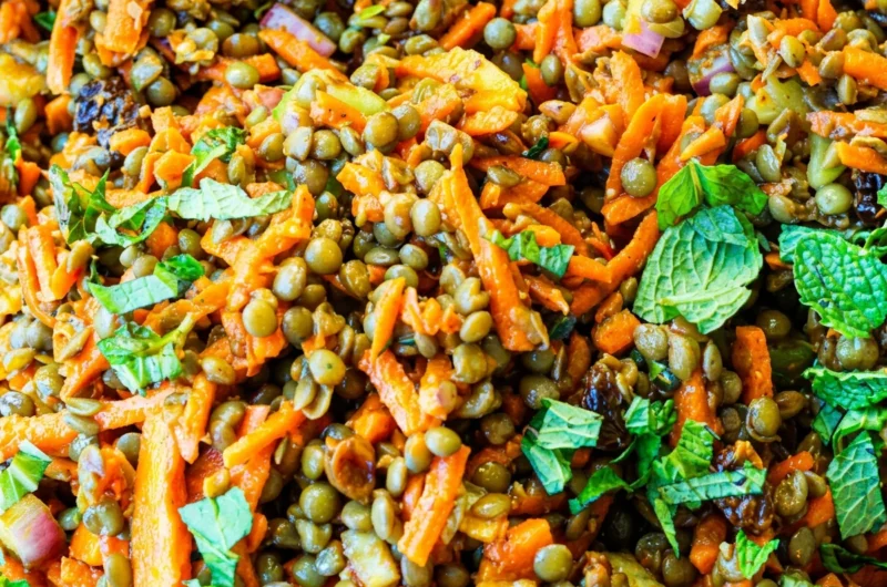 Close-up of Moroccan Lentil Carrot Salad (Vegan) freshly made and ready to serve
