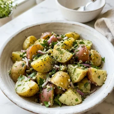 no-mayo potato salad with herbs in a white ceramic bowl on marble