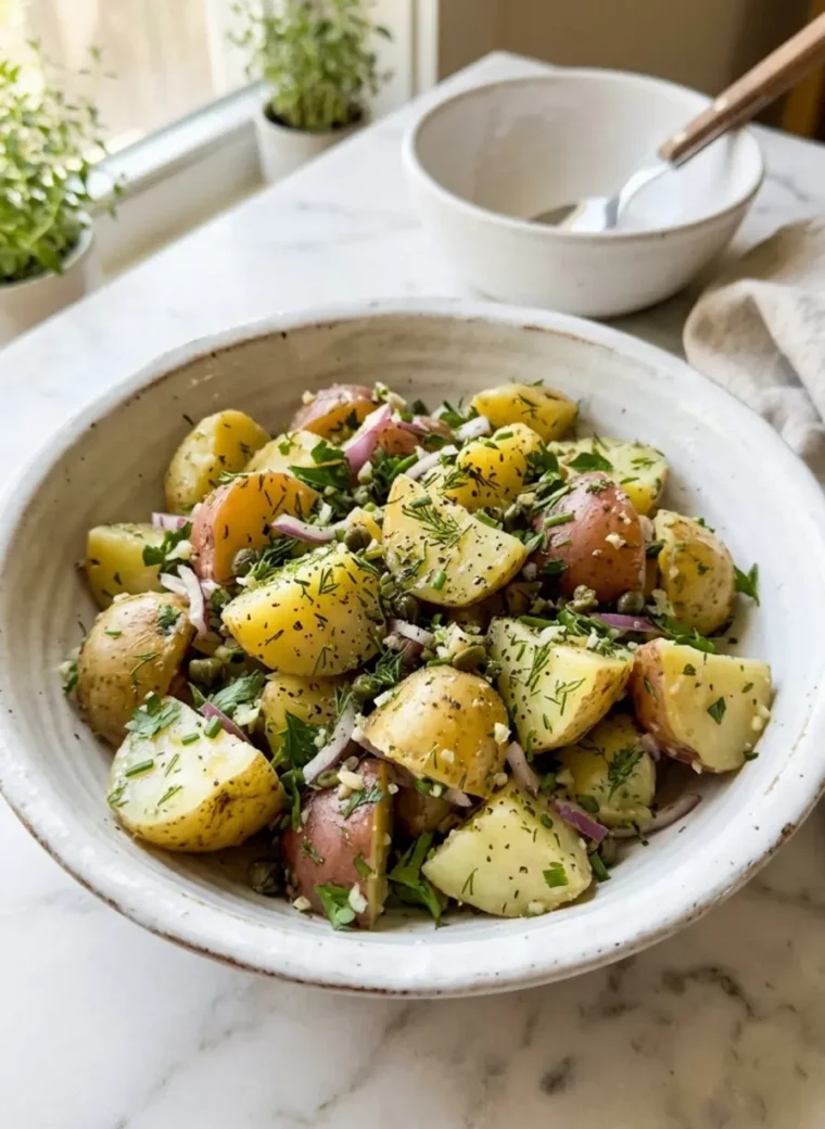 no-mayo potato salad with herbs in a white ceramic bowl on marble