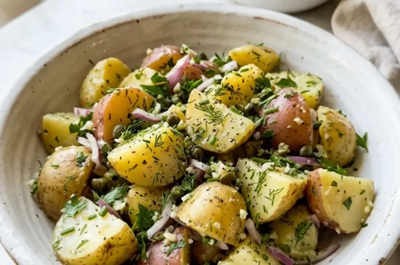 no-mayo potato salad with herbs in a white ceramic bowl on marble