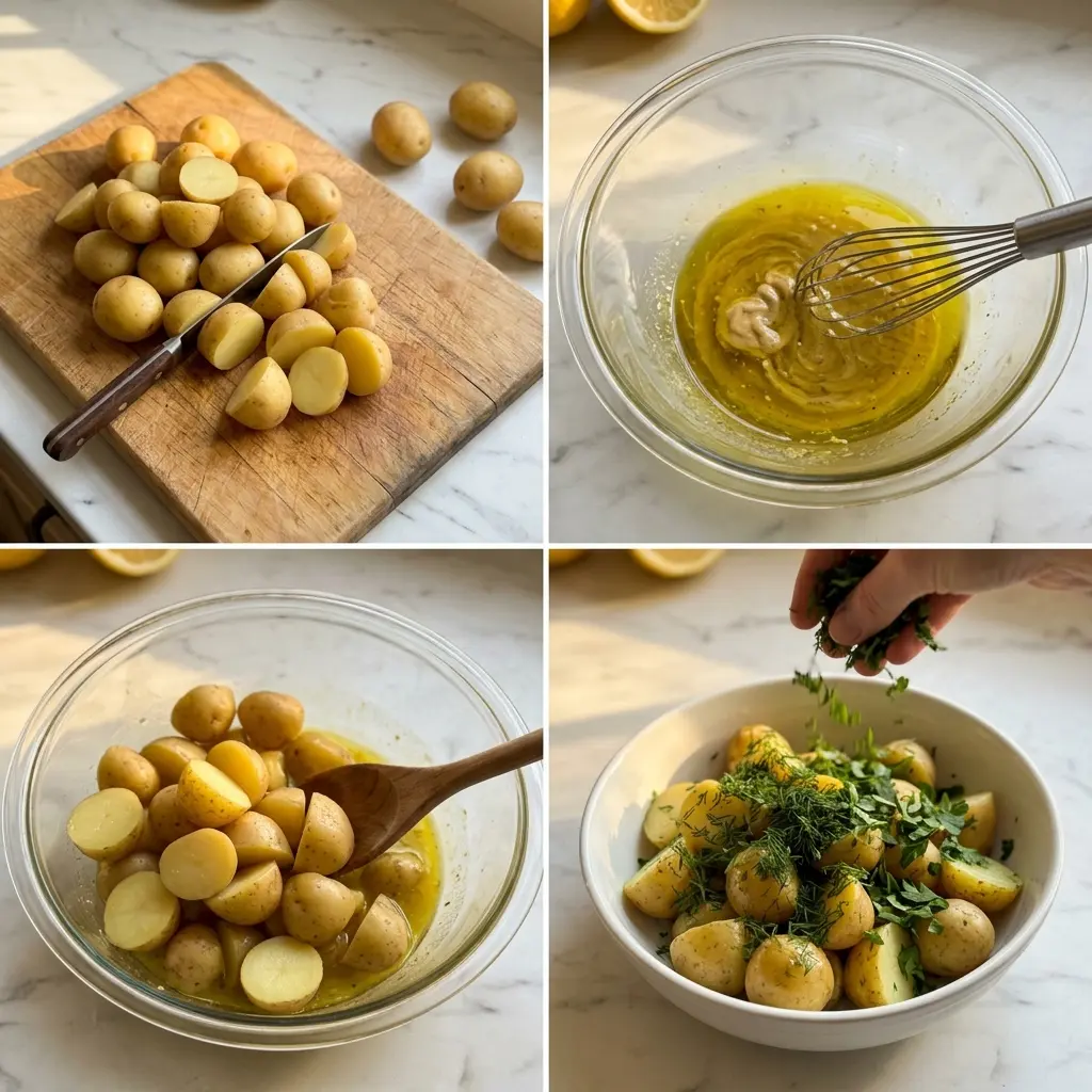 4-step cooking process collage for no-mayo potato salad with herbs showing halving, whisking, tossing, and garnishing