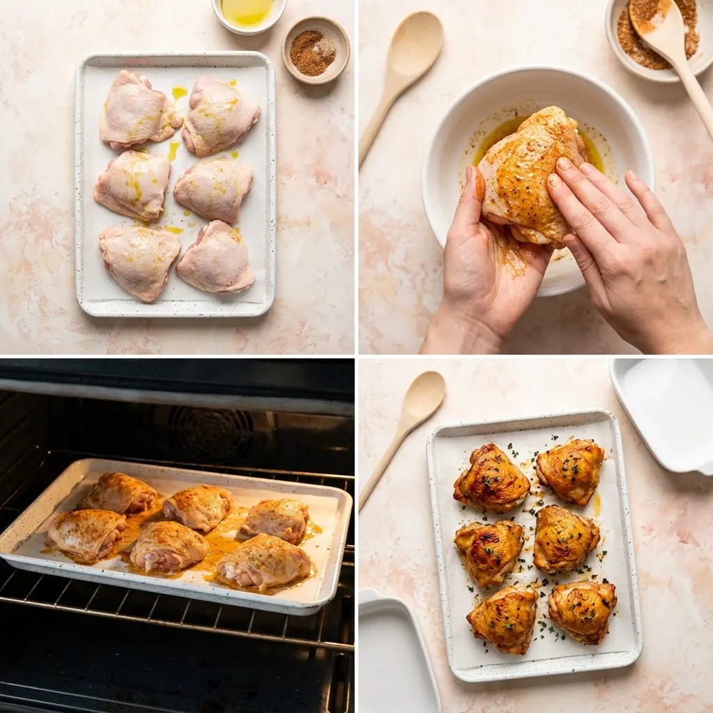 4-step cooking process collage for oven baked chicken thighs showing prep, seasoning, baking, and plating