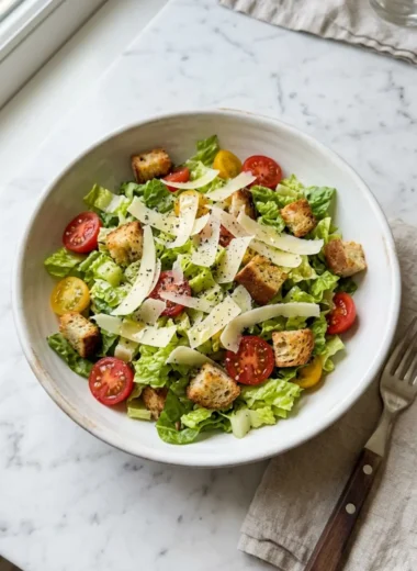 Parmesan Chopped Salad in a white ceramic bowl with cherry tomatoes and shaved Parmesan