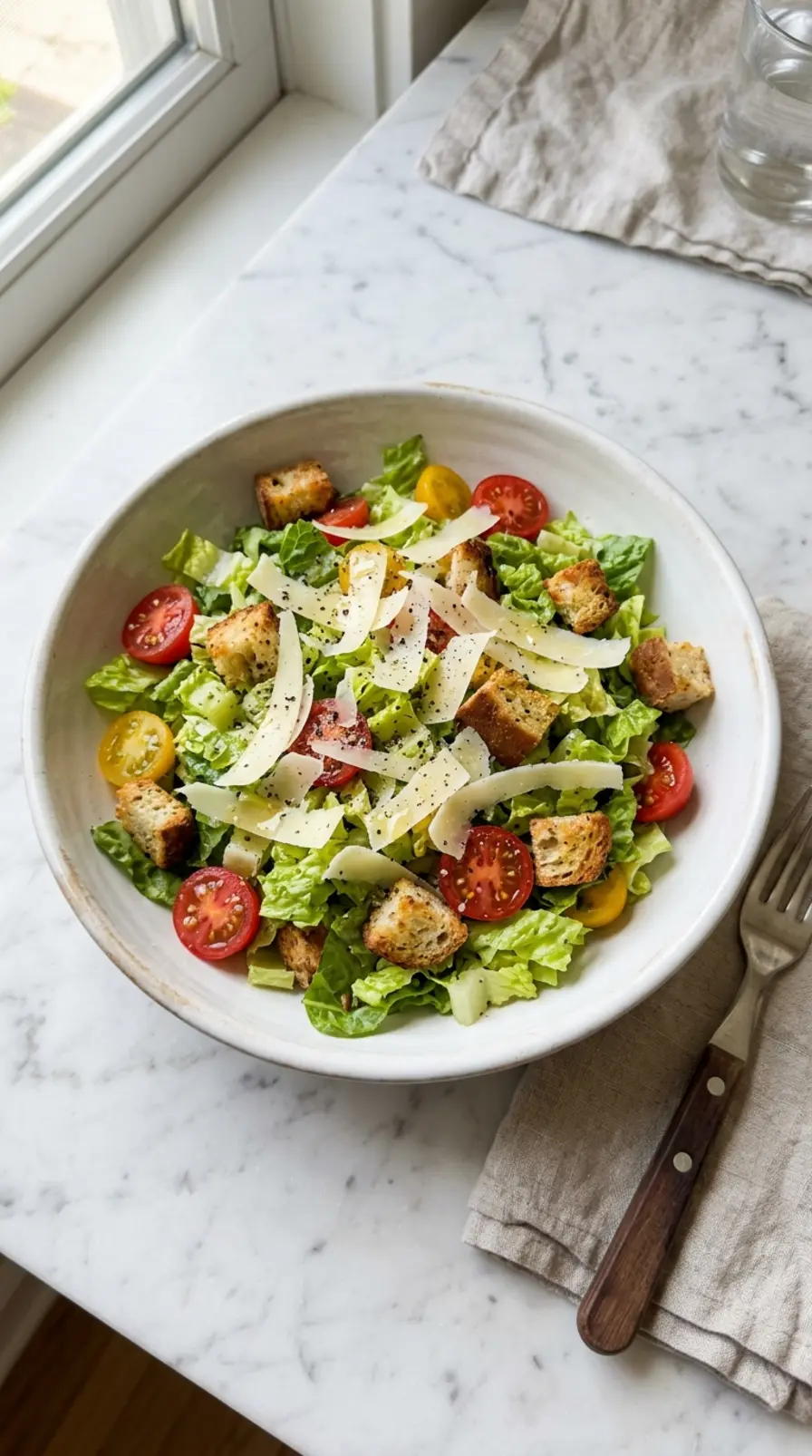 Parmesan Chopped Salad in a white ceramic bowl with cherry tomatoes and shaved Parmesan