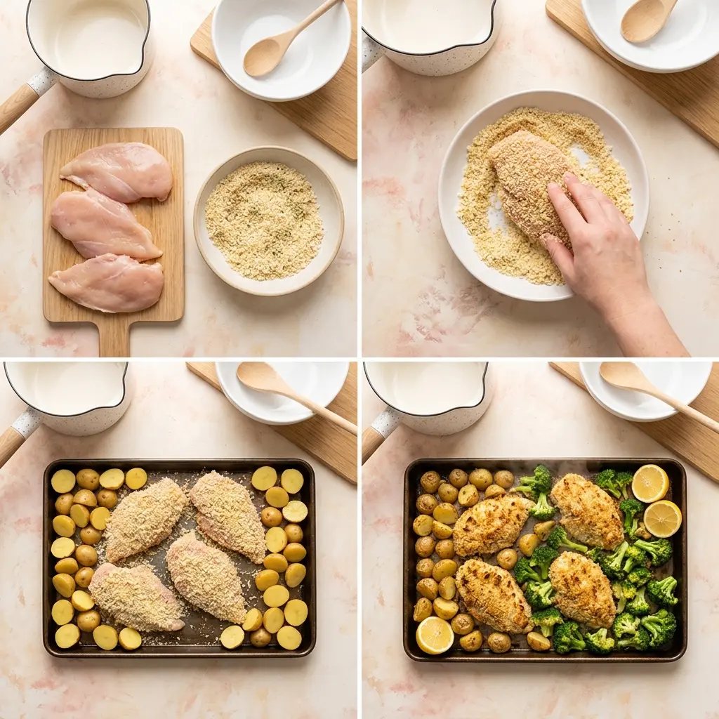4-step cooking process collage for Parmesan Crusted Chicken Sheet Pan Dinner showing prep, coating, assembly and baked result