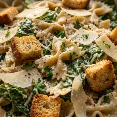Close-up of Pasta Caesar Salad freshly made and ready to serve