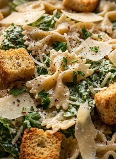 Close-up of Pasta Caesar Salad freshly made and ready to serve