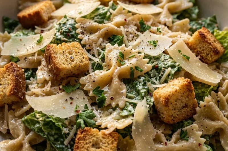Close-up of Pasta Caesar Salad freshly made and ready to serve