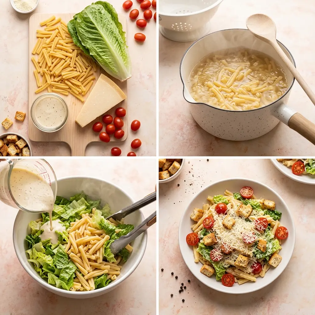 4-step cooking process collage for Pasta Caesar Salad showing prep, boiling, tossing, and plating