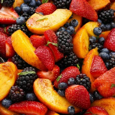Close-up of Peach Berry Fruit Salad freshly made and ready to serve
