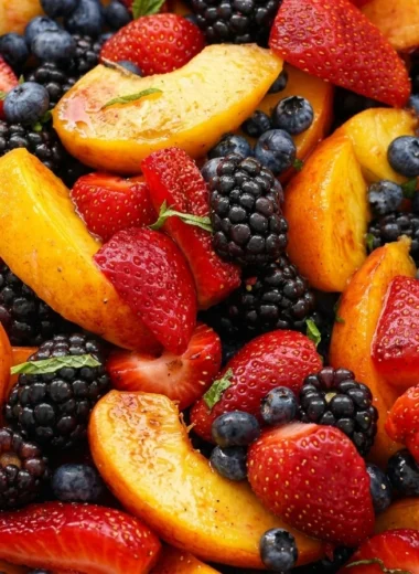 Close-up of Peach Berry Fruit Salad freshly made and ready to serve