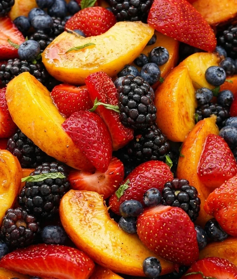 Close-up of Peach Berry Fruit Salad freshly made and ready to serve
