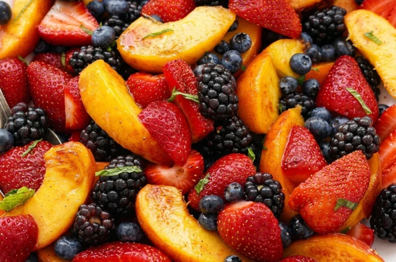 Close-up of Peach Berry Fruit Salad freshly made and ready to serve