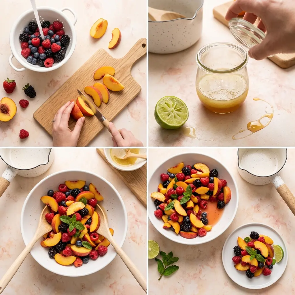 4-step cooking process collage for peach berry fruit salad showing rinsing, dressing, tossing and the finished bowl
