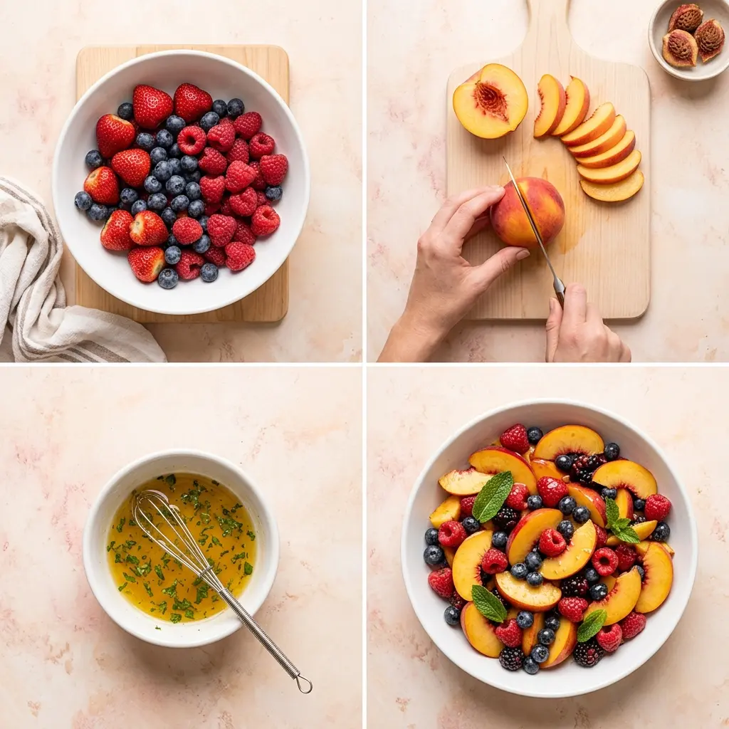 4-step cooking process collage for peach berry fruit salad showing washing, slicing, dressing, and the finished bowl