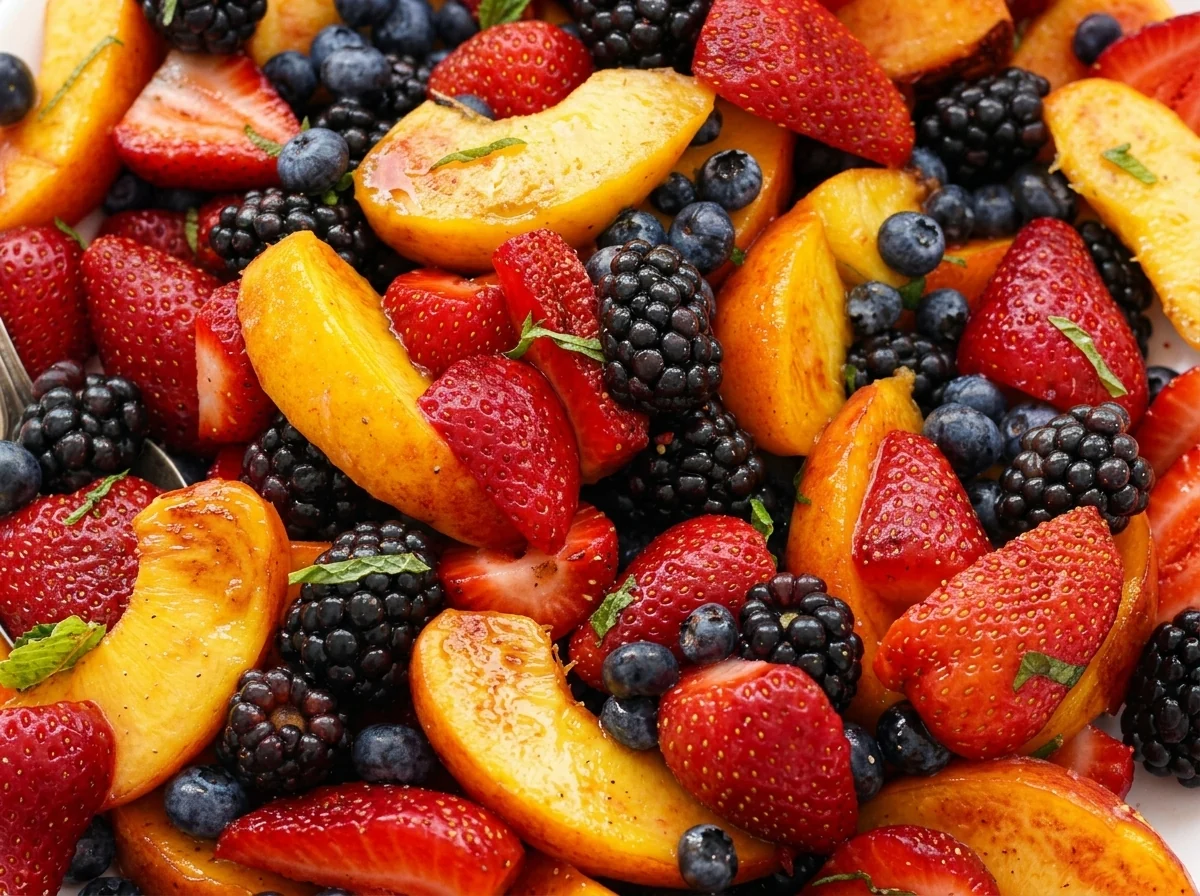 Close-up of Peach Berry Fruit Salad freshly made and ready to serve