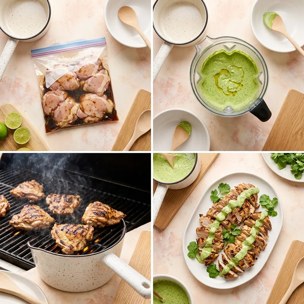 4-step cooking process collage for Peruvian Grilled Chicken with Creamy Green Sauce showing marinade, blending sauce, grilling, and plated dish