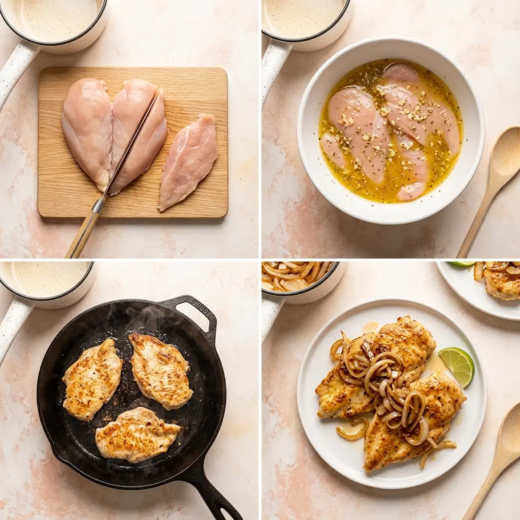 4-step cooking process collage for Pollo a la Plancha (Cuban Chicken) showing butterflying, marinating, searing, and plating with onions