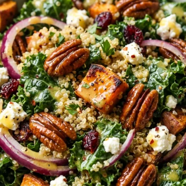Close-up of Roasted Sweet Potato Kale and Quinoa Salad freshly made and ready to serve