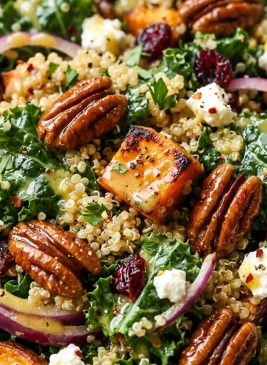Close-up of Roasted Sweet Potato Kale and Quinoa Salad freshly made and ready to serve