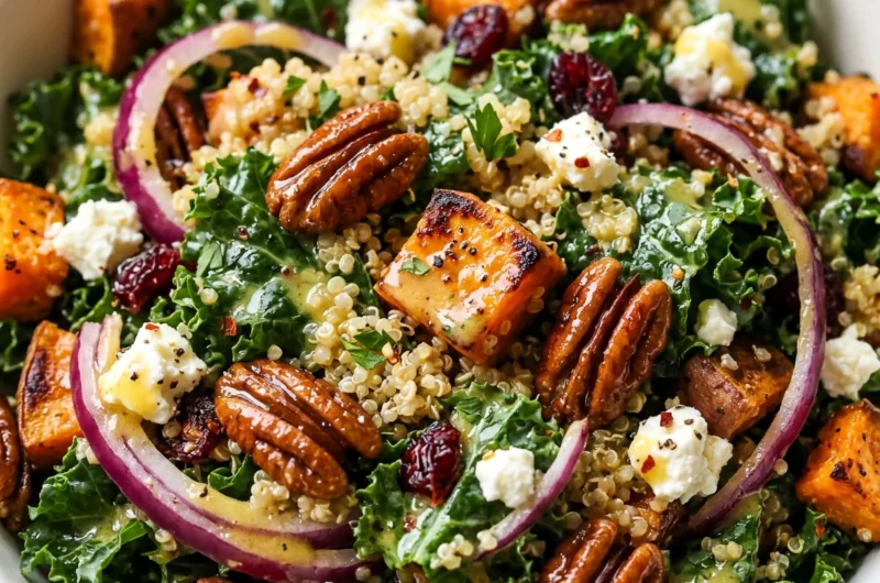 Close-up of Roasted Sweet Potato Kale and Quinoa Salad freshly made and ready to serve