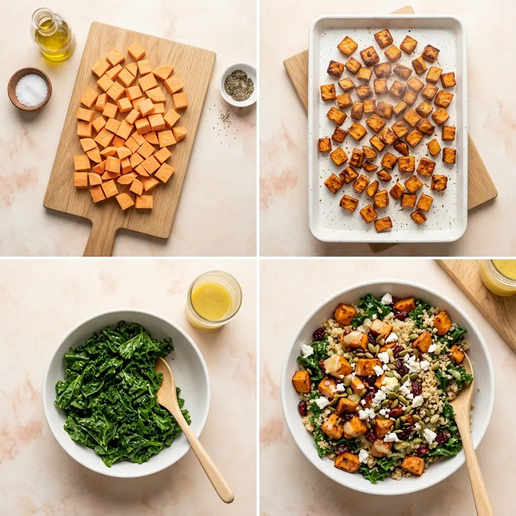 4-step cooking process collage for roasted sweet potato kale and quinoa salad showing prep, roasting, massaging kale, and final plating
