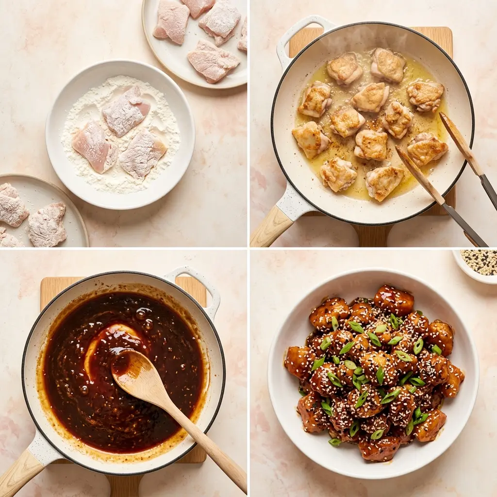 4-step cooking process collage for sesame chicken showing dredging, frying, saucing, and plating