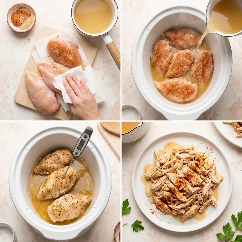 4-step cooking process collage for slow cooker chicken breasts showing prep, seasoning, temp checking, and plating