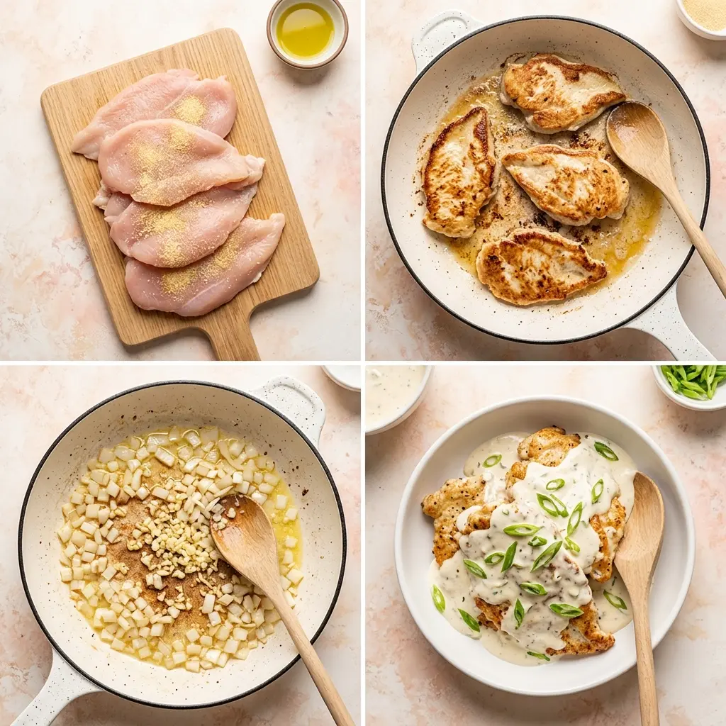 4-step cooking process for sour cream and onion chicken showing prep, searing, sauteing onions, and plating