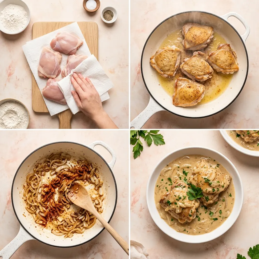 4-step cooking process for southern smothered chicken showing prep searing gravy building and plating
