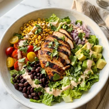 spicy southwest chicken salad in a white ceramic bowl with chipotle dressing and avocado