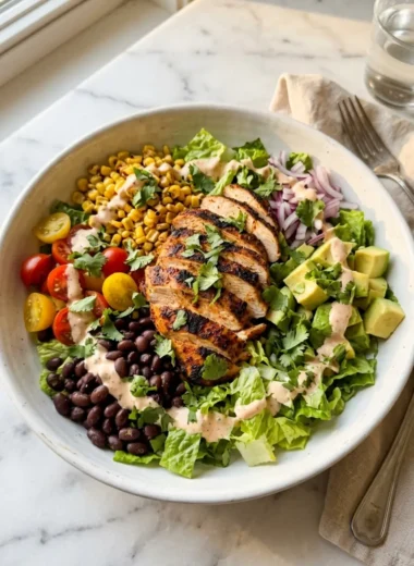 spicy southwest chicken salad in a white ceramic bowl with chipotle dressing and avocado