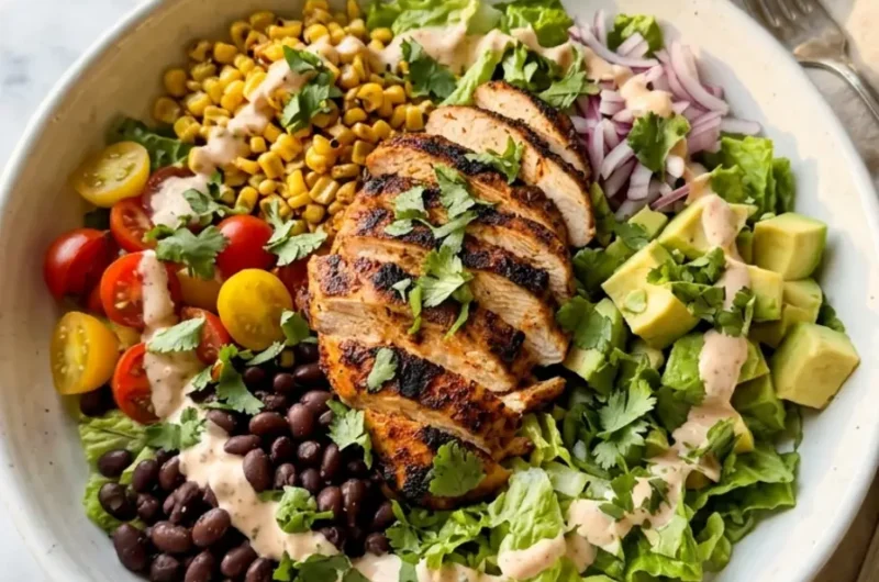 Spicy Southwest Chicken Salad 1 spicy southwest chicken salad in a white ceramic bowl with chipotle dressing and avocado