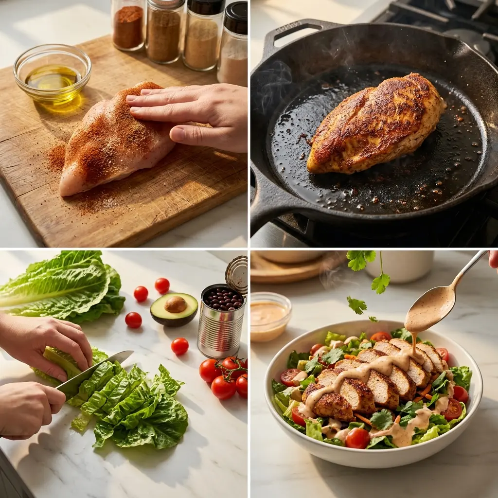 Spicy Southwest Chicken Salad 2 4-step cooking process for spicy southwest chicken salad from seasoning and searing chicken to chopping veggies and assembling the bowl