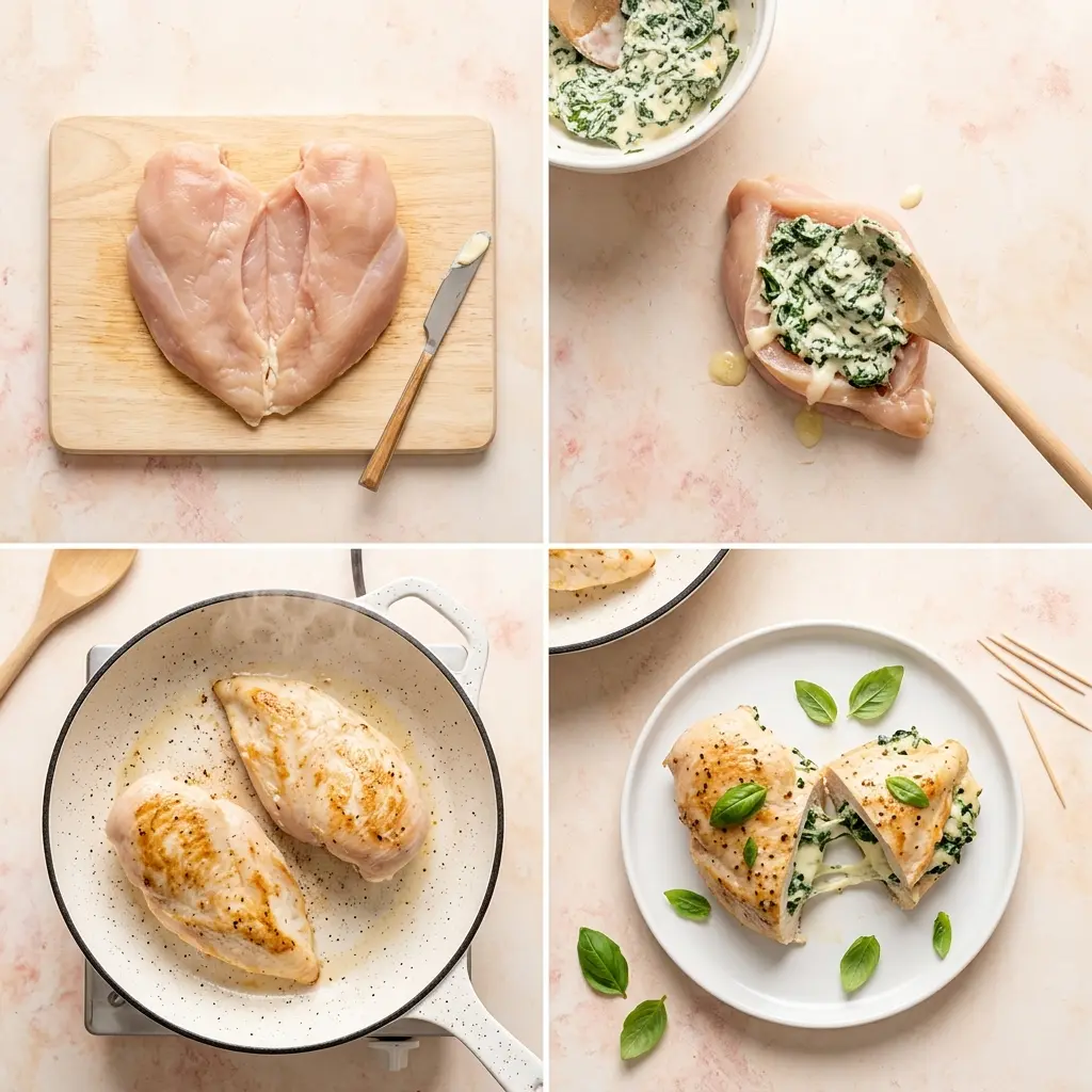 4-step cooking process collage for spinach stuffed chicken breasts showing prep, filling, searing, and plated cut reveal
