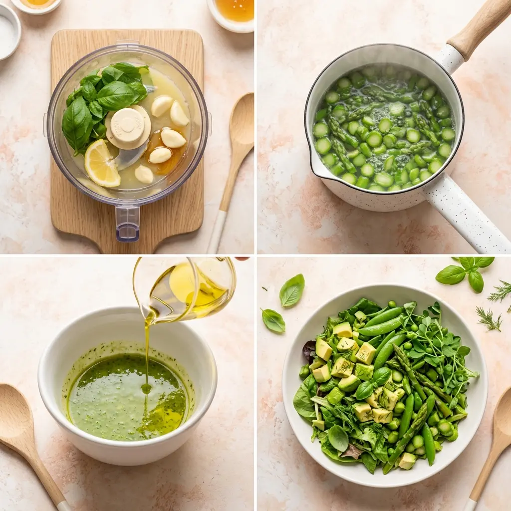 4-step cooking process for everything spring green salad with basil lemon vinaigrette showing prep, blanching, vinaigrette, and plating