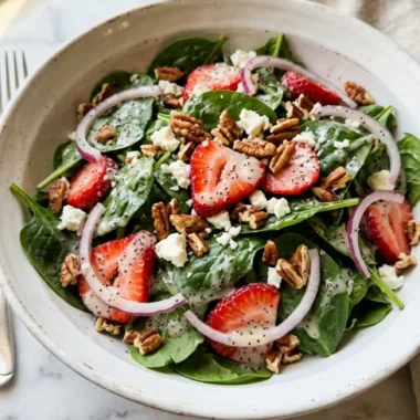 strawberry crunch salad in a white bowl with feta and toasted pecans