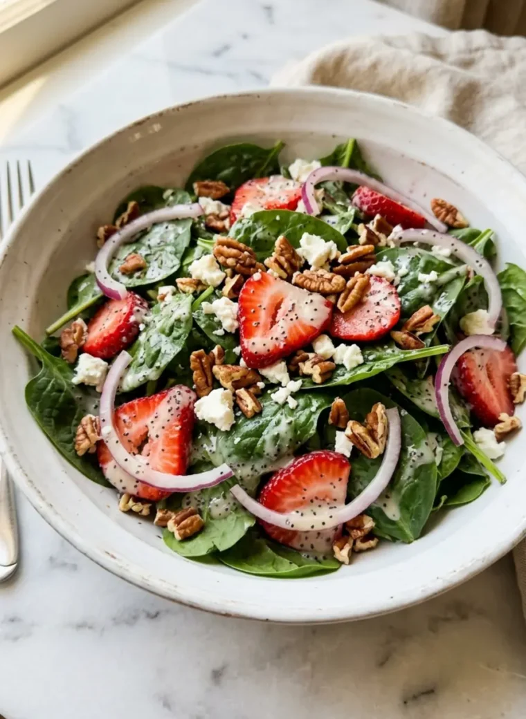 strawberry crunch salad in a white bowl with feta and toasted pecans