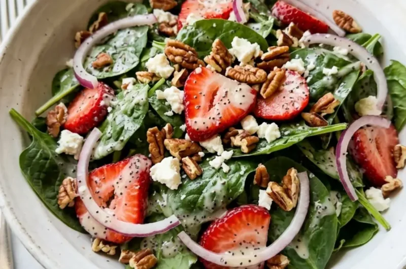 strawberry crunch salad in a white bowl with feta and toasted pecans