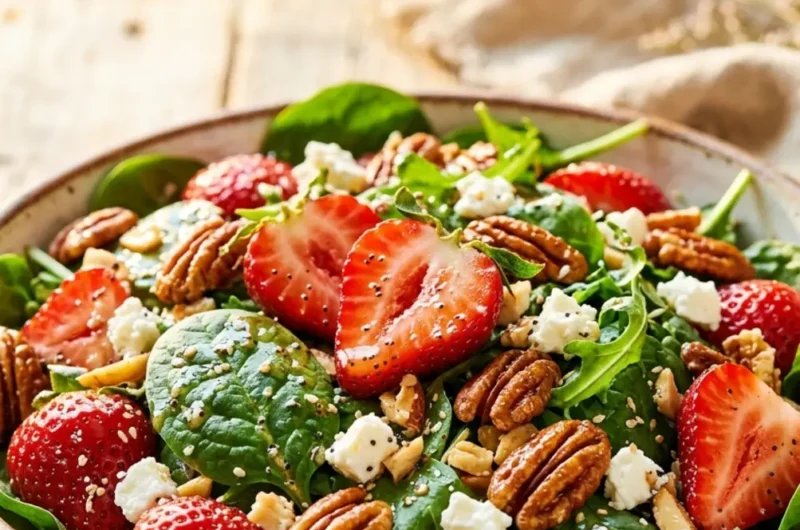 strawberry crunch salad pin image with pecans and feta